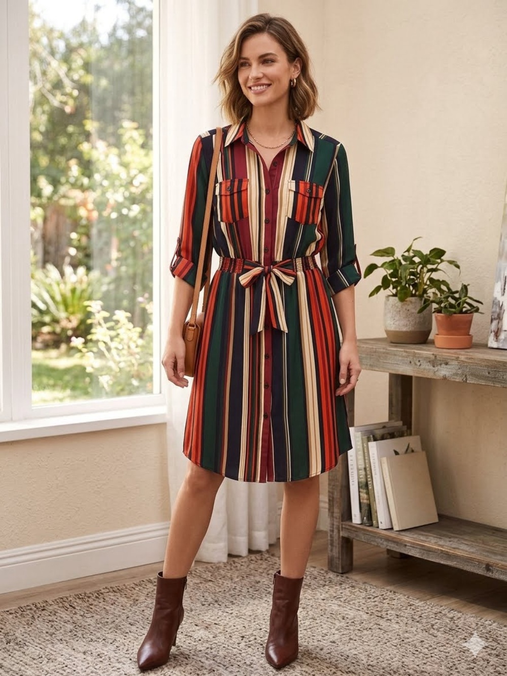Striped Button-Front Shirt Dress in Red, Green, and Cream
